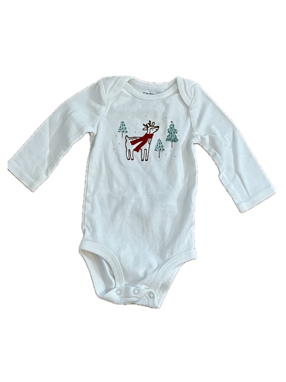 Carter's | White Long-Sleeve Bodysuit Embroidered Reindeer with Red Scarf Sz 6M